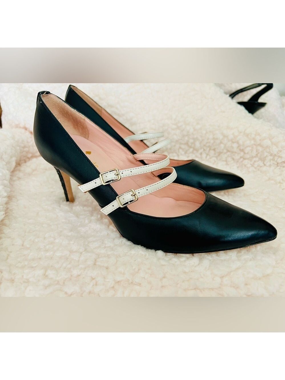🎉HP🥳 Kate Spade Elpetha Heels in Black w/ Black Sparkle Heel & Cream Dbl Strap - Picture 2 of 16